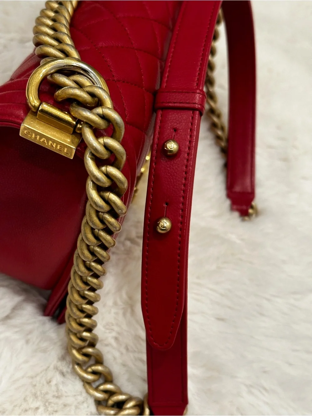 CHANEL Red Quilted Crossbody with Gold Chain Strap